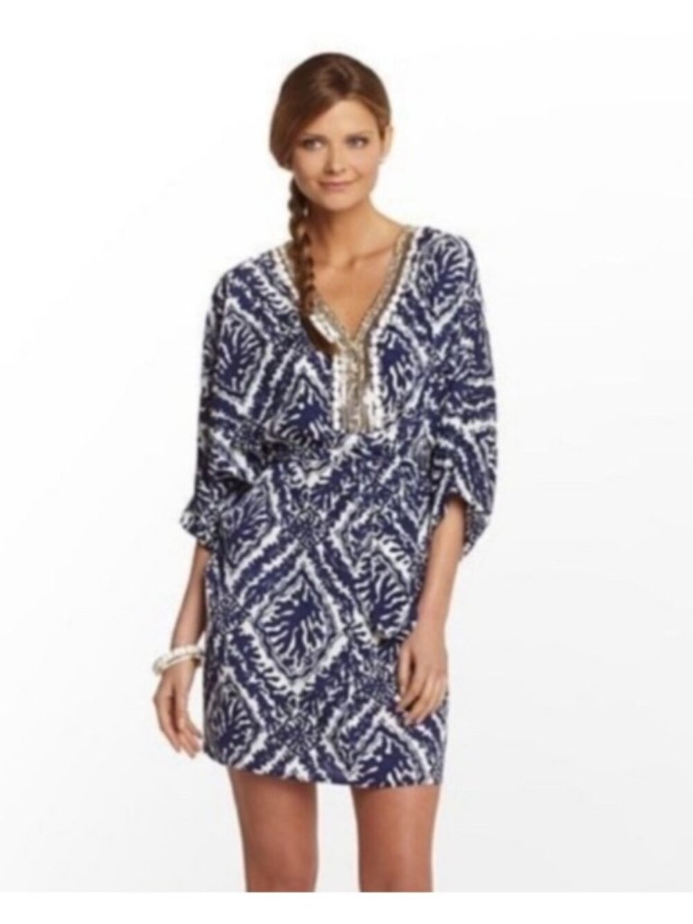 Lilly Pulitzer Wilda Caftan Printed Embellished Tie-Waist Mini Dress Small
